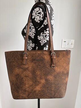 Montana West Concealed Carry Shoulder Tote Bag Brown Large Tooled Vegan Leather